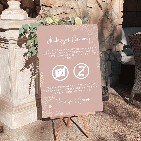 Bilingual Unplugged Ceremony Sign, Editable Printable Floral Blush Unplugged Ceremony Sign Decor, Boho Spanish Wedding Sign Template, MONCE