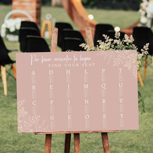 Blush Pink Wedding Seating Chart Sign, Bilingual Alphabetical Find Your Seat, Editable Wedding Printable Instant Download, Wedding Templett