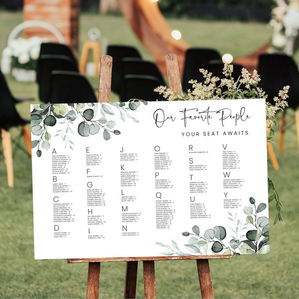 Greenery Alphabetical Wedding Seating Chart Template, Wedding Seating Plan, Find Your Seat Sign, Alphabetical Seating Chart Sign, JULIA