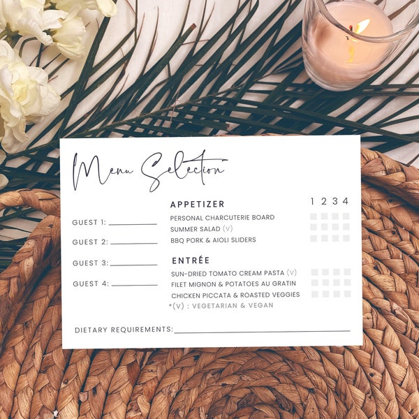 Menu Selection Card Template, Printable Wedding RSVP Menu Card with Meal Options, Meal Choice Card for Wedding Invitation Suite, JULIA