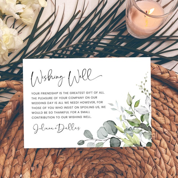 Greenery Wedding Wishing Well Card Template, Printable Wedding Wishing Well Insert Cards, Editable Cash Gift Request Instant Download, JULIA
