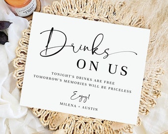 Printable Drinks On Us Sign, Funny Open Bar Sign, Editable Instant Download Template, Modern Minimalist Wedding Bar Sign, MILA