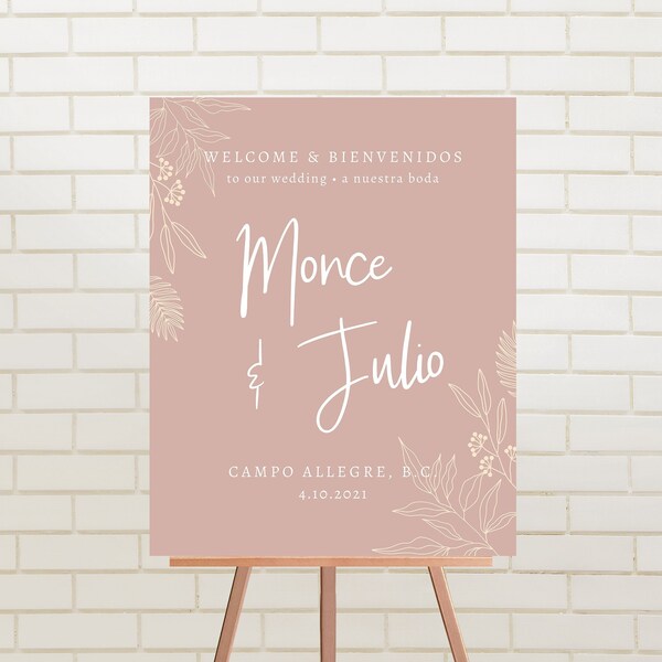 Bilingual Wedding Welcome Sign Template, Modern Printable Minimalist Welcome to Our Wedding Sign, Blush Pink Wedding Templett Template MONCE