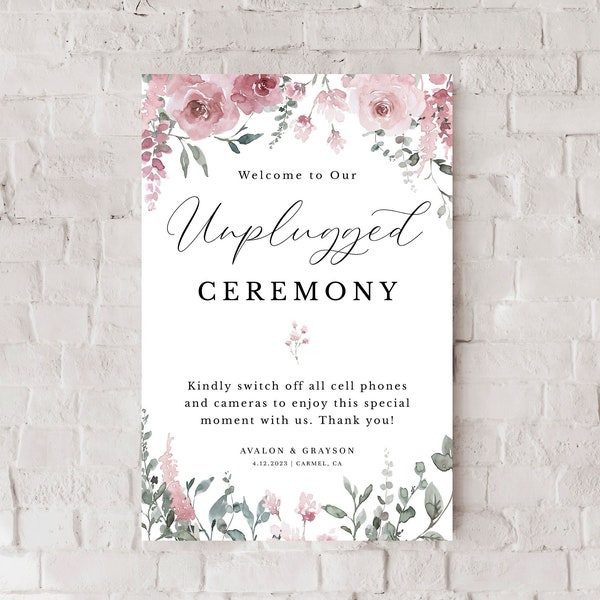 Dusty Rose Unplugged Ceremony Sign, Editable Printable, Floral Blush Pink Unplugged Ceremony Sign, Sage Spring Wedding Sign Template, AVA