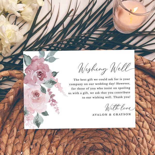 Wedding Wishing Well Card Template with Floral Design, Wishing Well Cards, Wedding Enclosure Insert Cards, Dusty Pink Cash Request Card, AVA