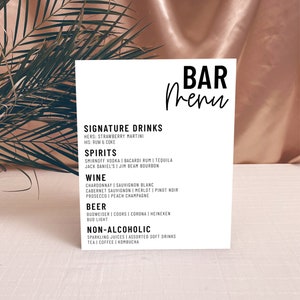 Modern Minimalist Bar Menu Sign, Printable Wedding Bar Menu, Alcohol Drinks Menu, 100% Editable Template, Instant Download, Templett, JACKIE