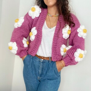Cropped chunky cardigan for women Short puff sleeve hand knit jacket with buttons Cotton summer blouse in white Waffle V-neck sweater XS