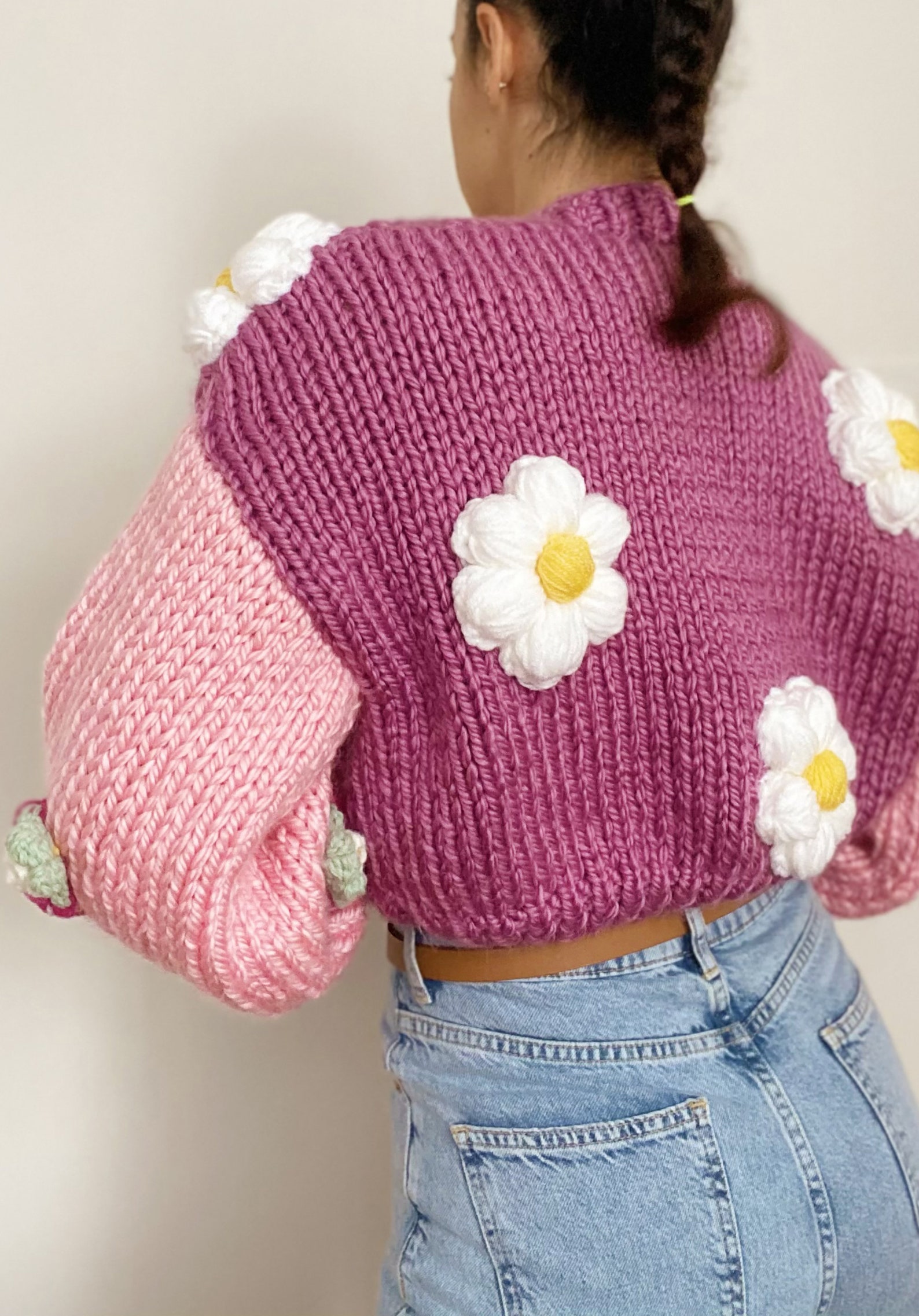 Pink Daisy Cardigan Floral Chunky Cardigan Pink Cropped Etsy