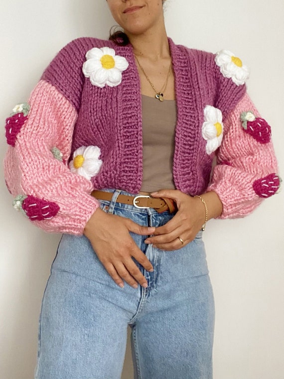 Pink Daisy Cardigan Floral Chunky Cardigan Pink Cropped Etsy