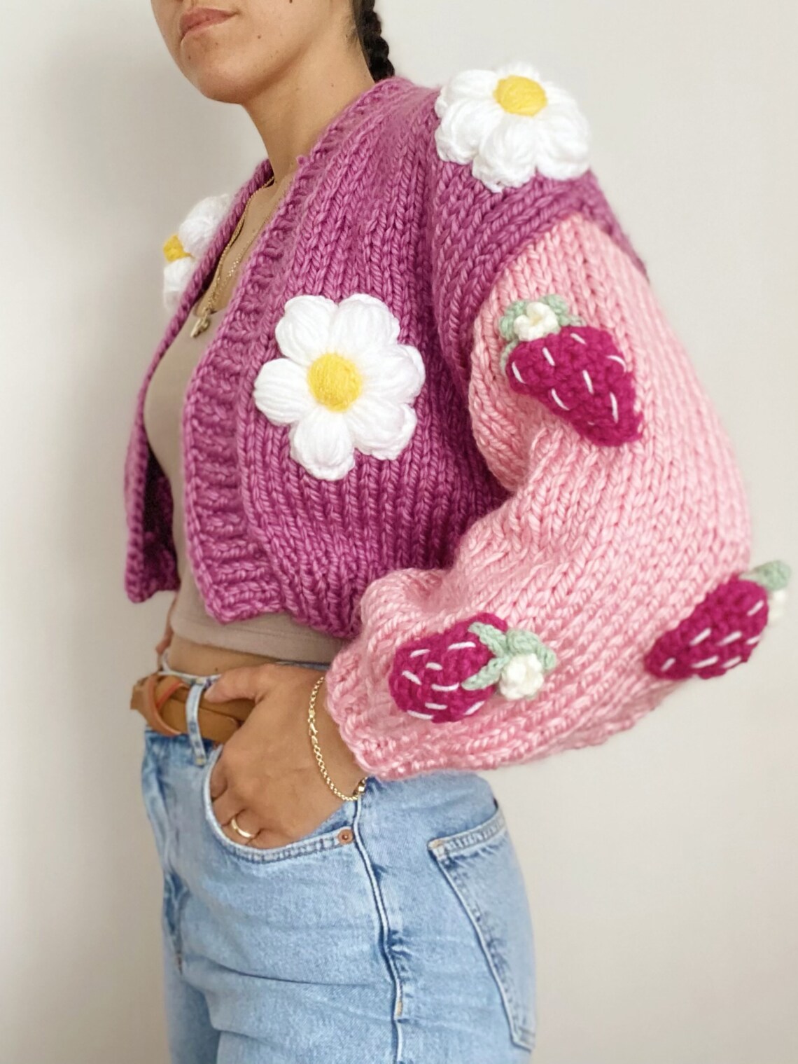 Pink Daisy Cardigan Floral Chunky Cardigan Pink Cropped Etsy