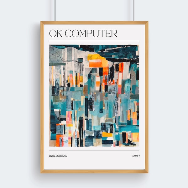 Muziekposter | Radiohead OK-computer | Abstract schilderij interpretatie Art Print | gemengde media collage album songkunst | | Britse rock uit de jaren 90