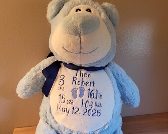 Blue bear, birth announcement, stuffed animal, personalized baby gift, Custom embroidered, new baby birth stats