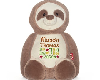 Sloth Birth, birth announcement, stuffed animal, personalized baby gift, custom embroidered, new baby birth birth stats