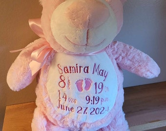 Pink bear birth announcement, stuffed animal, personalized baby gift |  Birth stat gift, embroidery keepsake,