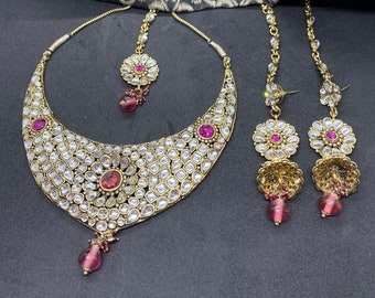 Bollywood necklace set, Pink and Red jewellery set, Indian Earrings & Choker Set.