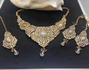 Bollywood jewelry, white and gold meenakari necklace set, Indian choker set