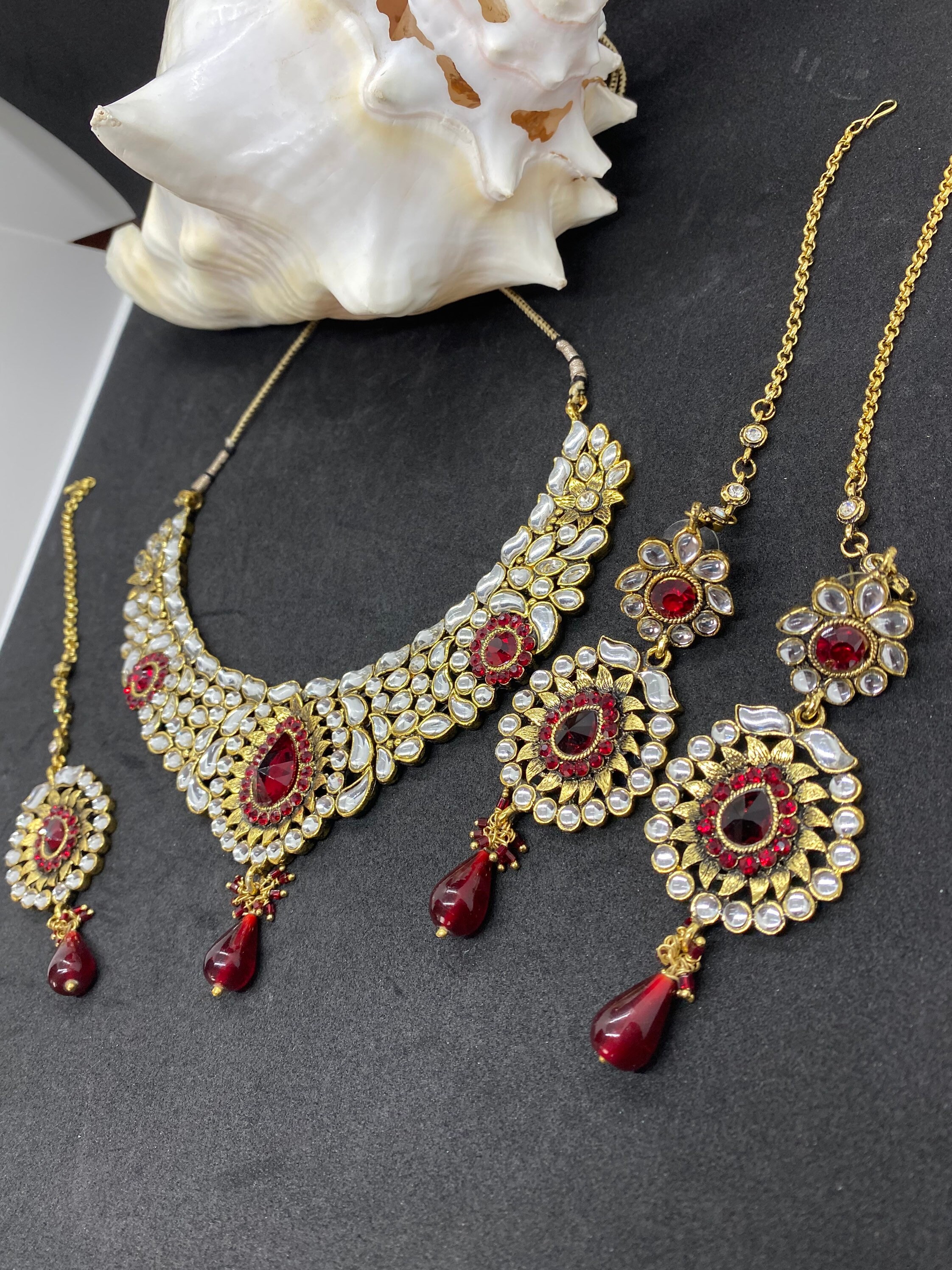 Collier Kundan Avec Perles - Plaqué Or - Style Indien - Ensemble Bijoux Mode - Neuf Sans Boîte