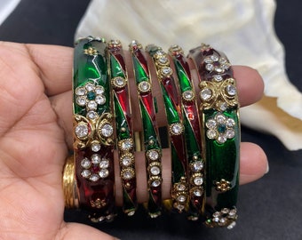 Bollywood bangle, MeenaKiri green and red bangle size 2.8, Indian bracelet
