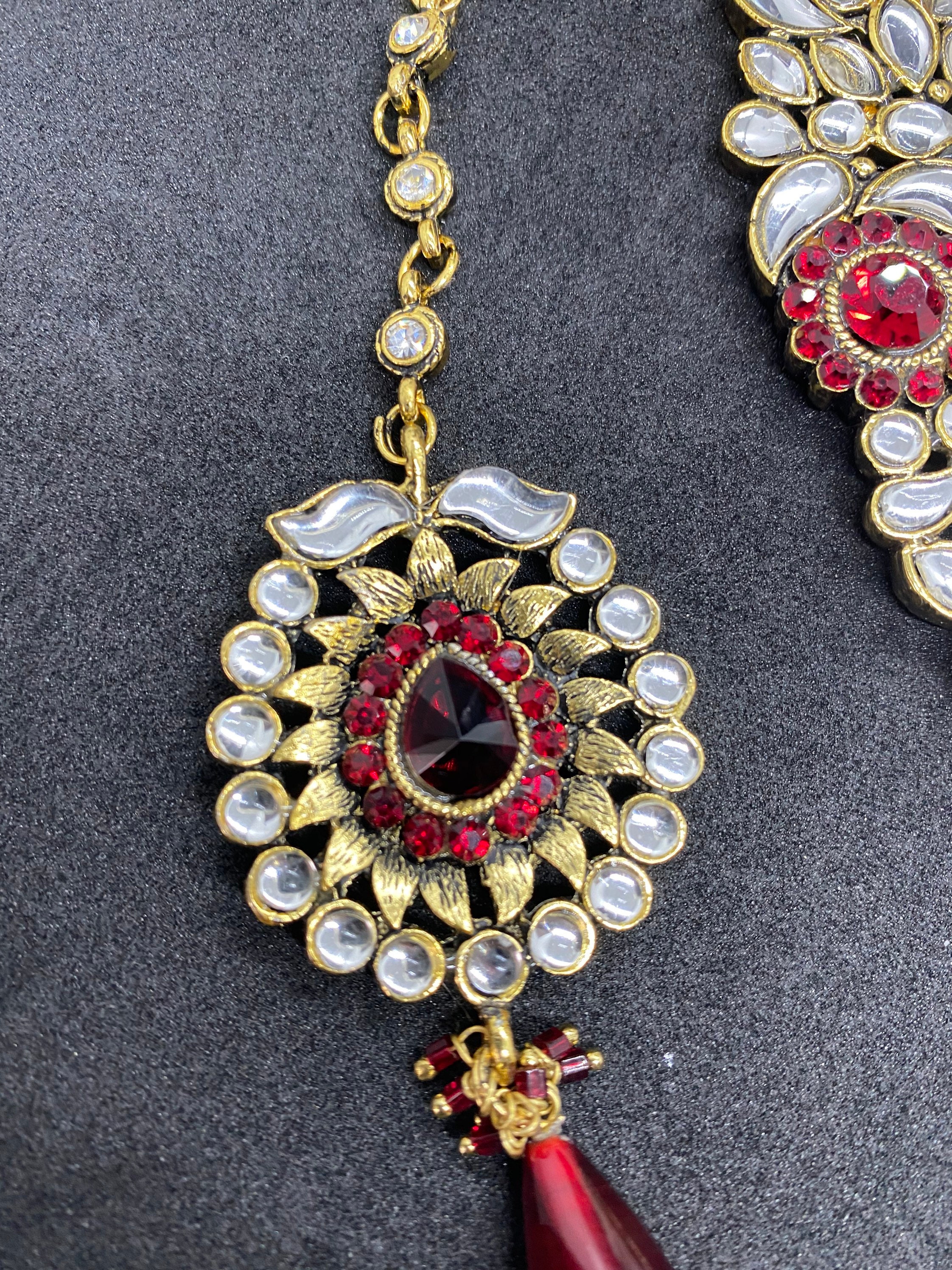Ensemble De Bijoux Bollywood Kundan - Collier Et Mang Tikka - Style Ethnique Indien Rouge - Neuf