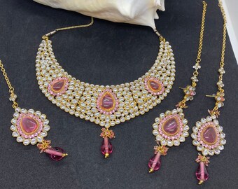 Bollywood jewellery, pink kundan necklace set, Indian choker set