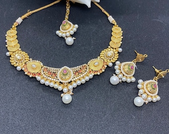 Bollywood jewellery, gold plated necklace set, Indian choker necklace