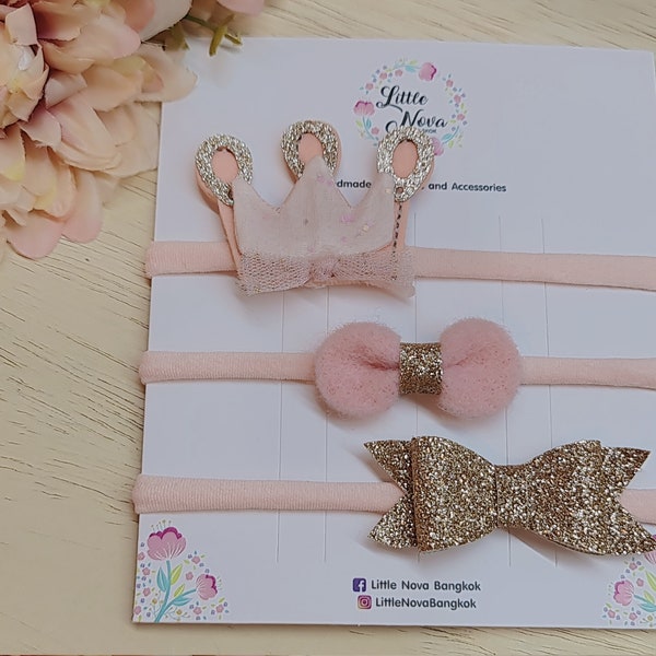 3 pcs Glitter Crown Headband, Baby Girl Headband Set, Newborn Headband Set, Felt Bow Headband Set, Toddler Headband Set, Set of 3