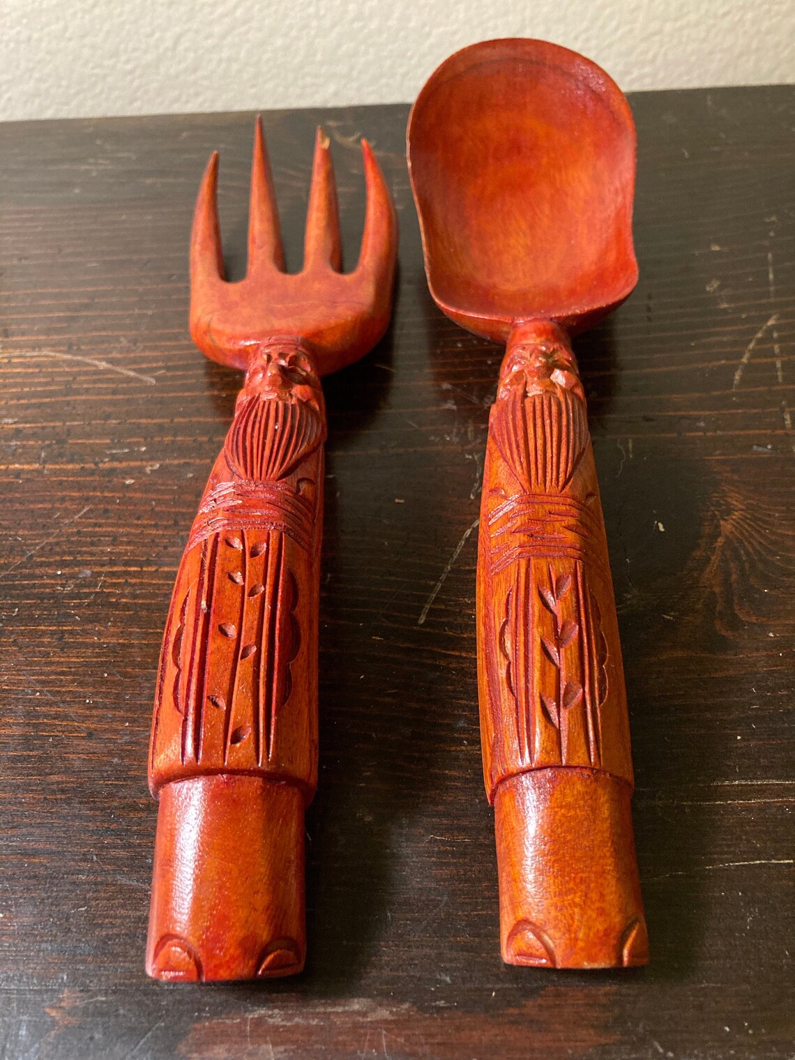 Vintage carved wooden spoon and fork set Etsy