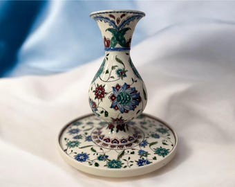 Conjunto de vaso e prato de cerâmica turca pintados à mão - Vaso de 26 cm e prato de 25 cm | Design floral tradicional de Iznik, presentes para casa nova, arte em azulejo