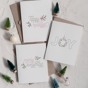 Paquete de tarjetas navideñas impresas con tipografía • Felices fiestas, feliz todo y ALEGRÍA • Tarjetas navideñas impresas con tipografía en dos colores