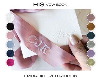 HIS Wedding Vow Book • Letterpress on White Handmade paper with personalized embroidered ribbon