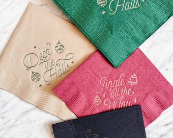 Foil Pressed Holiday napkins in red, green, black and beige