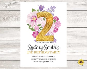 May include: A white invitation card with a gold glitter number 2 surrounded by pink and purple flowers. The text on the card reads "Kindly join us for Sydney Smith's 2nd Birthday Party, August 24th, at 12 o'clock, 32 Happy Bear Lane, Houston, RSVPTOSSS@GMAIL.COM".