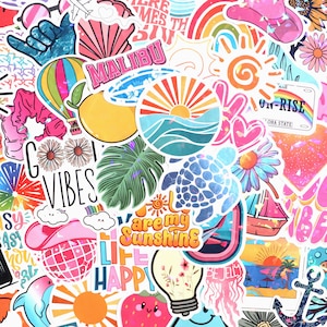 May include: A collection of colorful stickers with various designs, including a sun, a turtle, a palm tree, a rainbow, a heart, a peace sign, a flower, a dolphin, a lightbulb, a strawberry, a jellyfish, a boat, an anchor, a hot air balloon, a wave, and the words "Good Vibes", "Malibu", "Life is Happy", "Are My Sunshine", and "On-Rise".