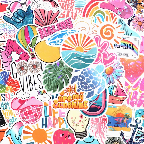 10-300 PCS Summer Stickers, Holographic Cute Preppy Laptop Stickers Pack, Aesthetic Vinyl for Water Bottle, Phone, Stanley Cup, Scrapbooking