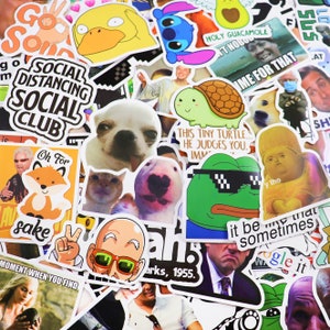 May include: A collection of colorful stickers featuring various internet memes and pop culture references. Some of the stickers include a turtle, a dog, a frog, and a fox. The stickers are arranged in a random pattern and are all different sizes. The text on the stickers includes "Social Distancing Social Club", "Holy Guacamole", "This Tiny Turtle... He Judges You", "It Be Like That Sometimes", and "Oh For Sake".