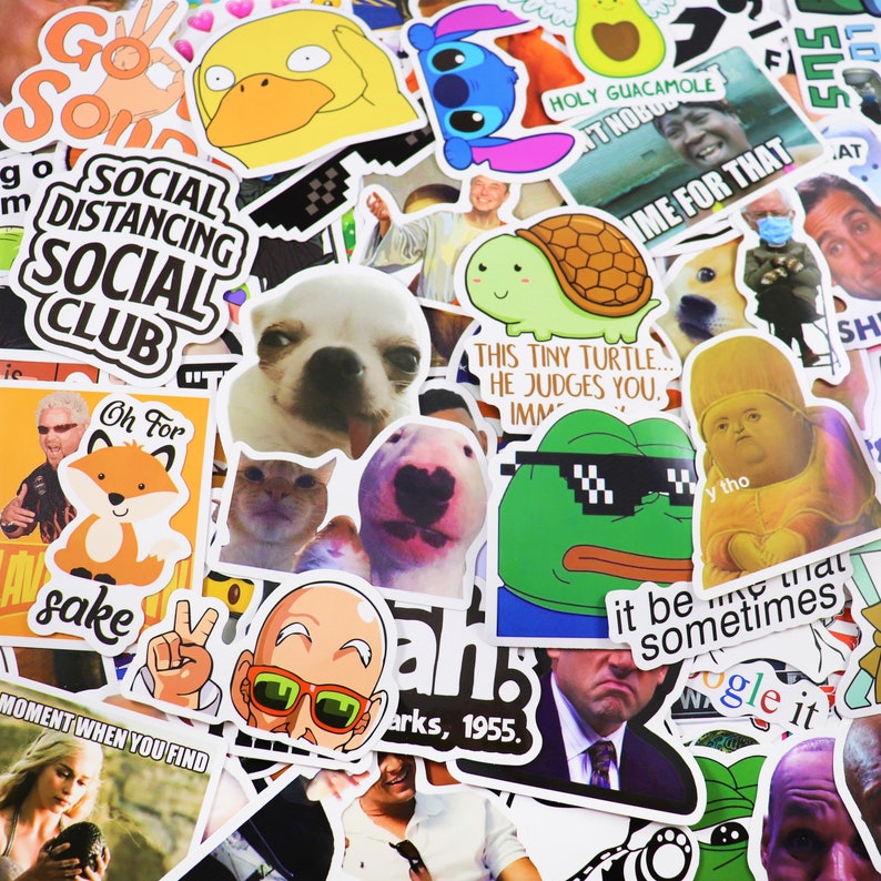 May include: A collection of colorful stickers featuring various internet memes and pop culture references. Some of the stickers include a turtle, a dog, a frog, and a fox. The stickers are arranged in a random pattern and are all different sizes. The text on the stickers includes "Social Distancing Social Club", "Holy Guacamole", "This Tiny Turtle... He Judges You", "It Be Like That Sometimes", and "Oh For Sake".