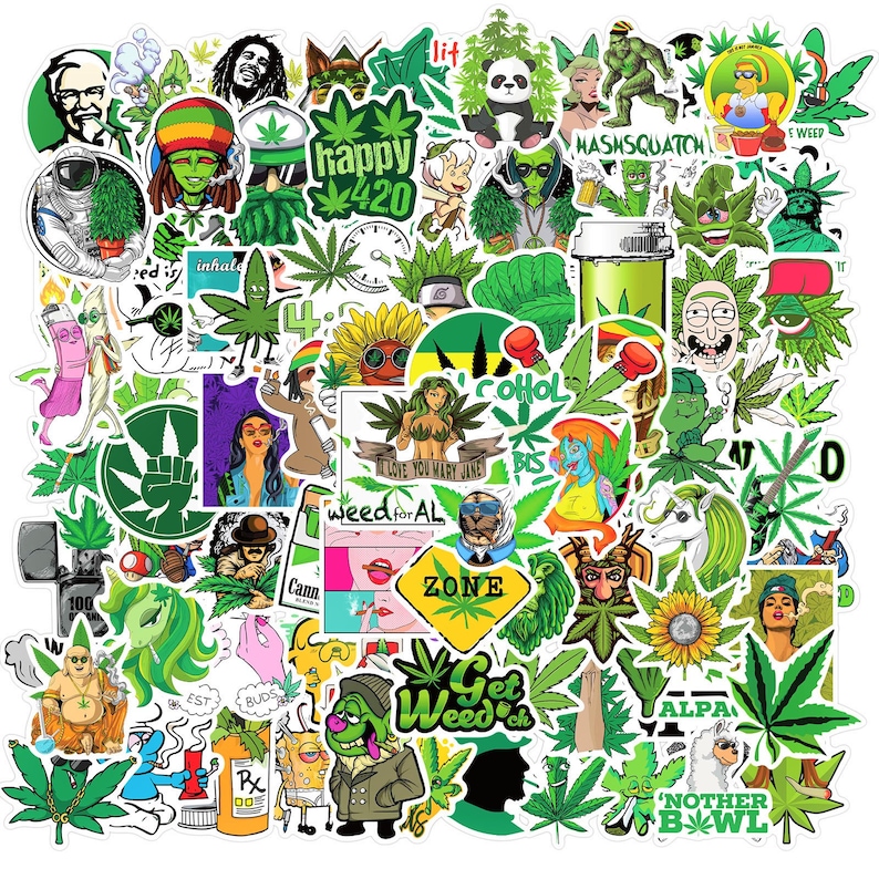 10-200 PCS Vinyl Waterproof Weed Stickers for Adults Cool Funny DIY Marijuana Stickers Decals Decoration for Laptop Water Bottles Luggage image 2