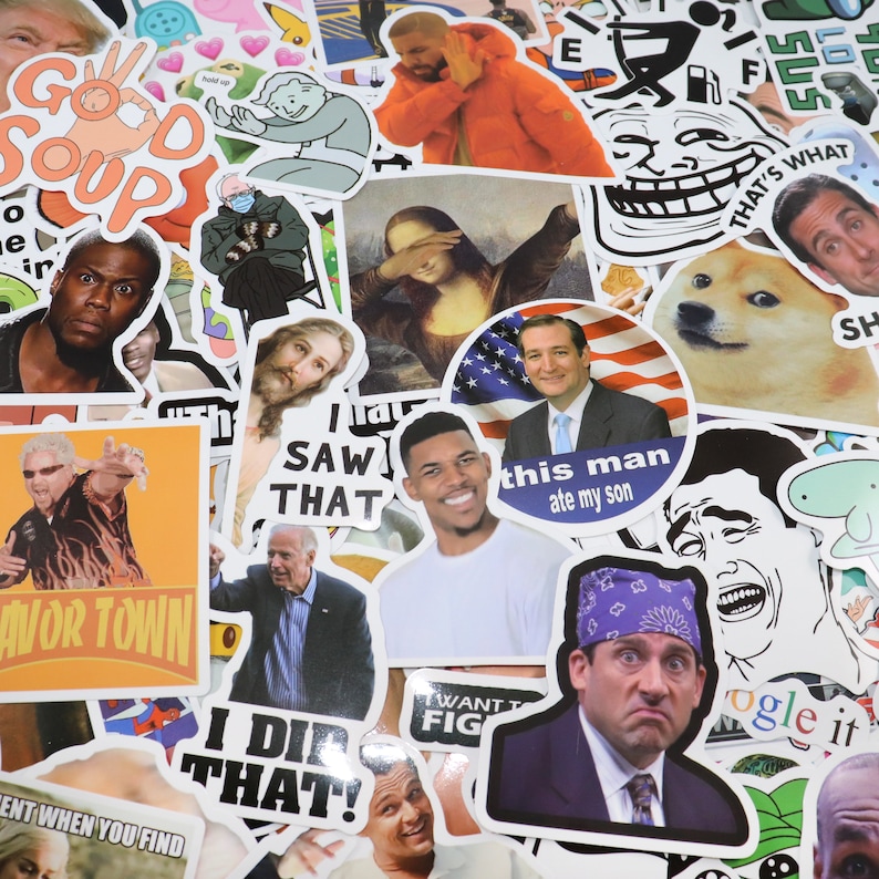 May include: A collection of colorful stickers featuring popular internet memes and images. The stickers include images of Drake, the Mona Lisa, Doge, and the 'This Man Ate My Son' meme. The stickers are printed on white paper and have a glossy finish.