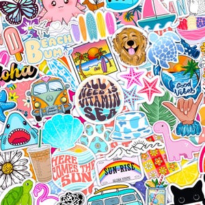 May include: A colorful assortment of stickers with a summer theme. Designs include a VW van, a smiling dog, a sunset scene, a shark, and the text "All you need is vitamin sea".