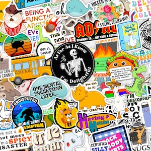 May include: A collection of colorful vinyl stickers with various designs. Includes a cartoon cat in a cowboy hat, a whale, a school bus, a skeleton holding a coffee cup, and other fun illustrations. Perfect for decorating laptops, water bottles, or notebooks.