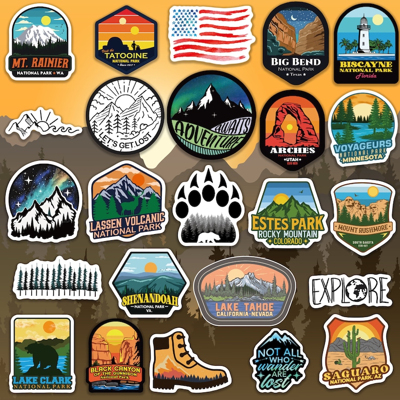 Peut inclure: Une collection d'autocollants color&eacute;s sur le th&egrave;me du plein air, avec des motifs de parcs nationaux, dont le Mont Rainier et le lac Tahoe. Les autocollants pr&eacute;sentent des illustrations de montagnes, de paysages et du drapeau am&eacute;ricain.