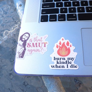 May include: Two stickers on a silver laptop. The first sticker features a cartoon image of Jesus with the text "is that SMUT again?" The second sticker features a cartoon image of a flame with the text "burn my kindle when I die."