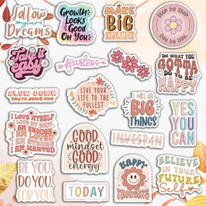 May include: A collection of colorful, inspirational stickers with various phrases like "Follow Your Dreams," "Make Big Plans," and "Yes You Can." The stickers feature floral and retro designs, with a mix of fonts and colors.