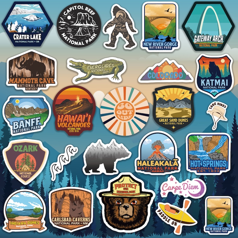 Peut inclure: Un ensemble d'autocollants color&eacute;s sur le th&egrave;me des parcs nationaux et des aventures en plein air. Les motifs incluent Crater Lake, Capitol Reef, un Bigfoot, Gateway Arch, Mammoth Cave, Everglades, Colorado, Katmai, Banff, Hawaii Volcanoes, etc.