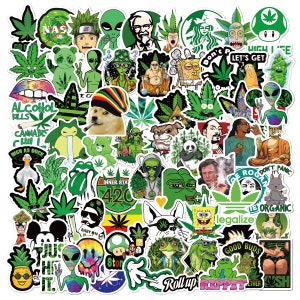 May include: A set of 50 green and black stickers featuring various cartoon characters, phrases, and designs. The stickers include a variety of themes, including marijuana, aliens, and pop culture references. Some of the phrases on the stickers include "High Life", "Don't Panic", "Legalize", and "Good Buds".