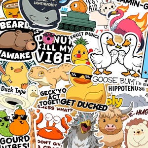 May include: A collection of colorful stickers featuring various cartoon characters and phrases. Some of the stickers include a duck, a goose, a pineapple, a crab, a gecko, a bear, a gourd, a highland cow, a hedgehog, and a rubber duck wearing sunglasses. The stickers have phrases like "Get Ducked", "Goose Bum", "Kill My Vibe", "Don't Give a Crab", and "Guess What?"