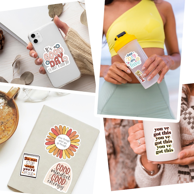 May include: Collection of stickers with motivational quotes and designs. Includes stickers with phrases like "It's a good day to have a good day," "One day at a time," and "You've got this." Also features a floral design and a notebook sticker.