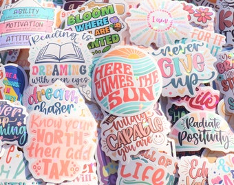 motivational quote stickers (10pc-300pcs) for laptop, holographic inspirational stickers for water bottles, hydroflask, affirmation pack