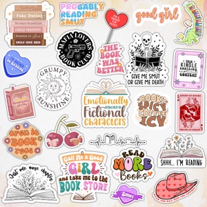 May include: A collection of colorful stickers with book-themed designs. The stickers feature phrases like "Probably Reading Smut", "The Book Was Better", "Give Me Smut Or Give Me Death", "Emotionally Attached To Fictional Characters", "Books Spicy Coffee Icy", "Call Me A Good Girl And Take Me To The Book Store", "Read More Books", and "Shhh... I'm Reading".