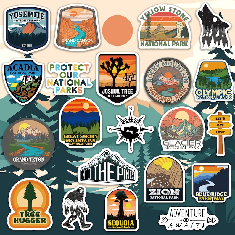 Peut inclure: Une collection d'autocollants color&eacute;s repr&eacute;sentant des parcs nationaux. Les autocollants pr&eacute;sentent divers paysages, notamment des montagnes, des canyons et des for&ecirc;ts. Le texte comprend des noms de parcs comme Yosemite, Zion et Yellowstone. Id&eacute;al pour d&eacute;corer.